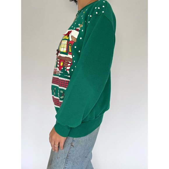 80s vintage green snowy festive outdoor christmas graphic pullover sweater - Picture 4 of 9